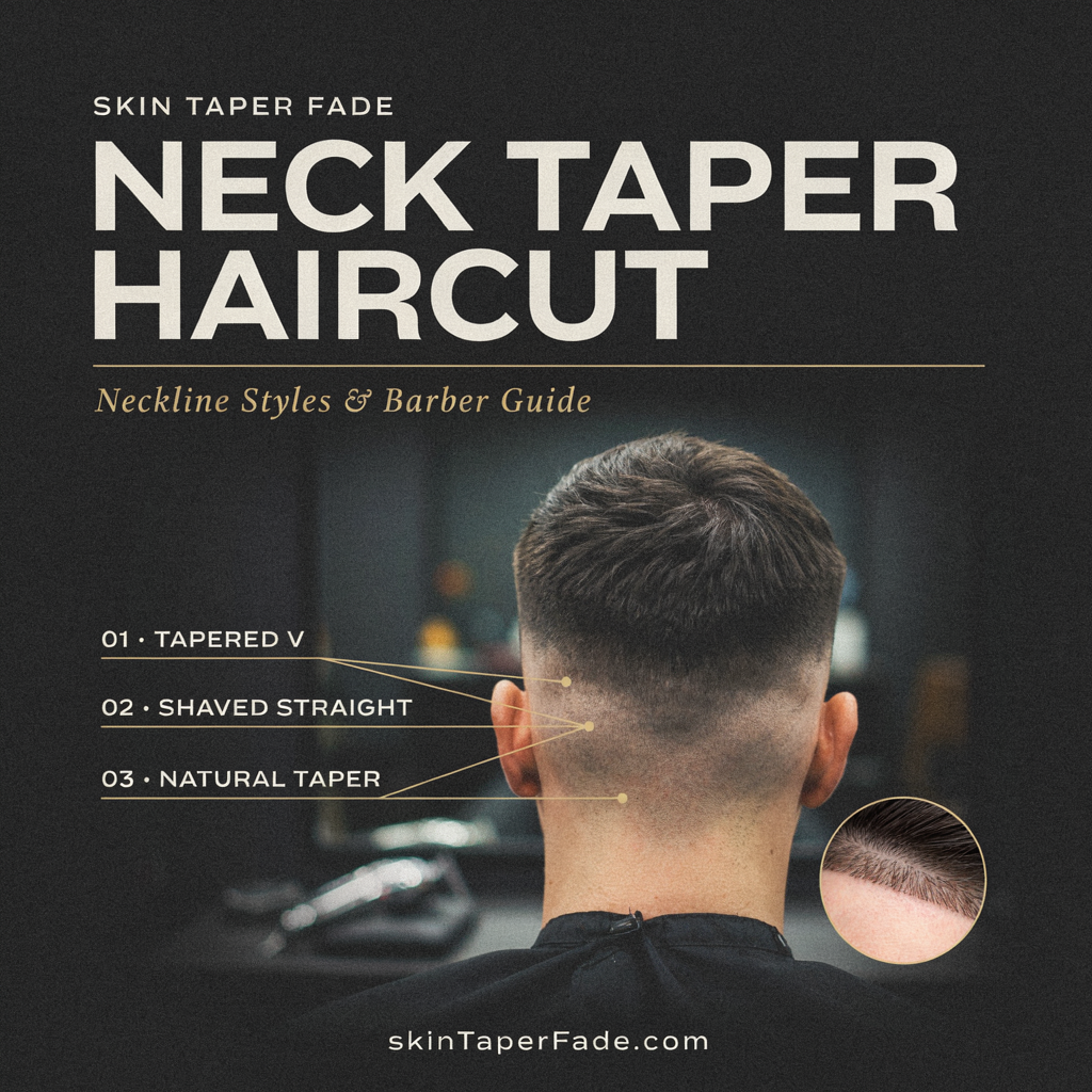 Low neck taper blending into a fuller back haircut.