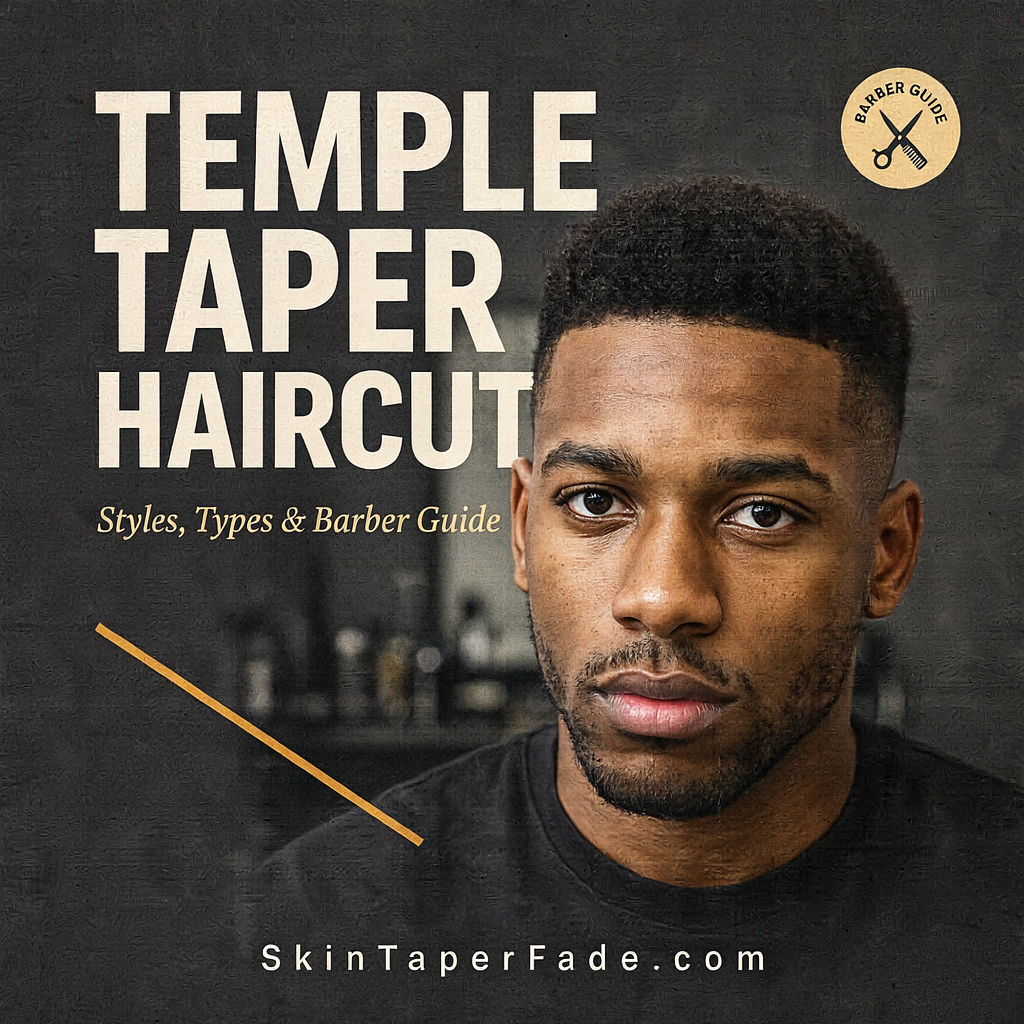 Low temple taper with fuller curly hair above the sideburn